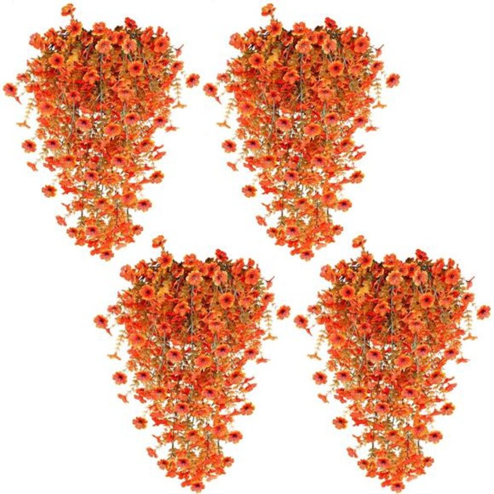 TURNMEON 4 Pcs Artificial Hanging Fall Flowers Fake‎ Mums for Outdoors Fall